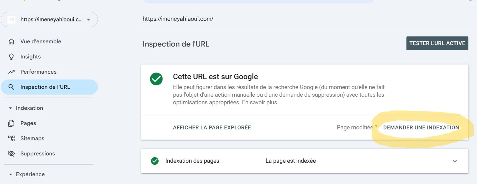 Inspection d’URL dans Search Console et bouton Demander une indexation