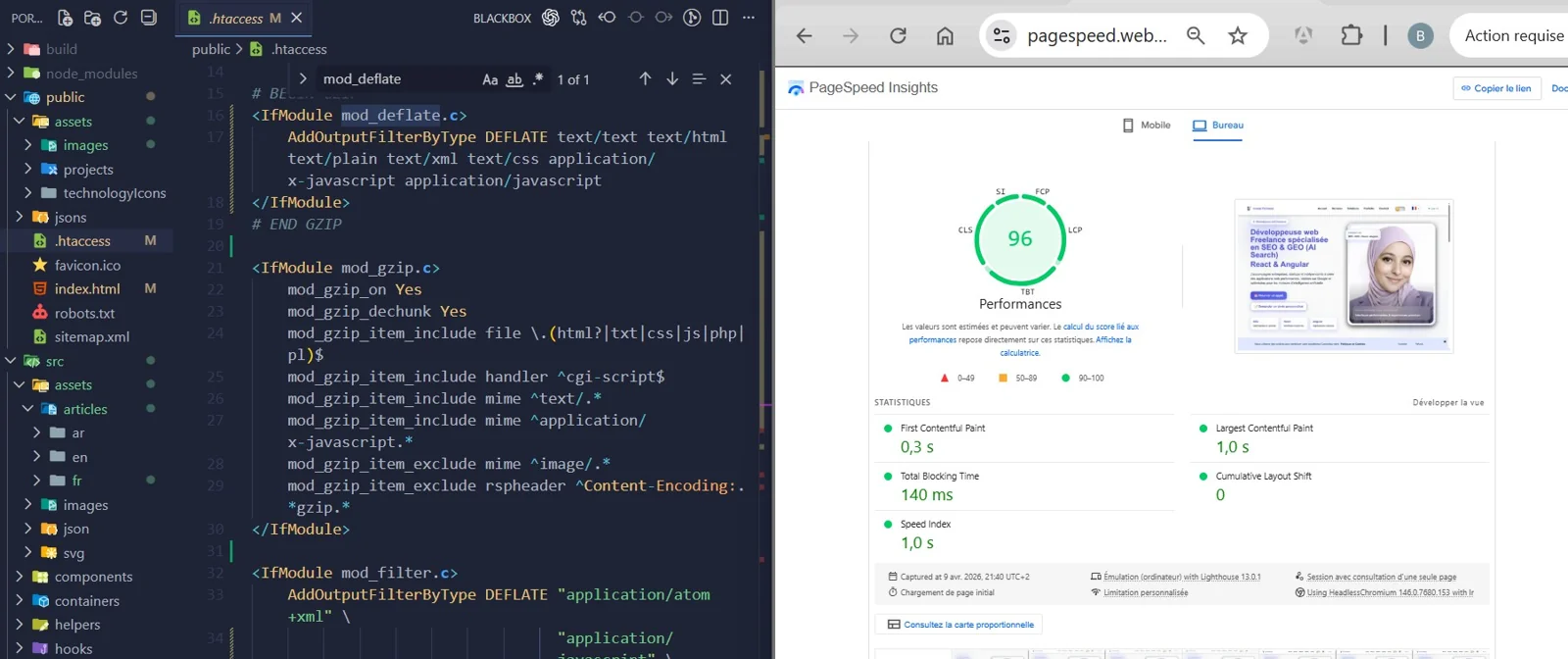 Configuration htaccess et mesure des performances web avec PageSpeed Insights