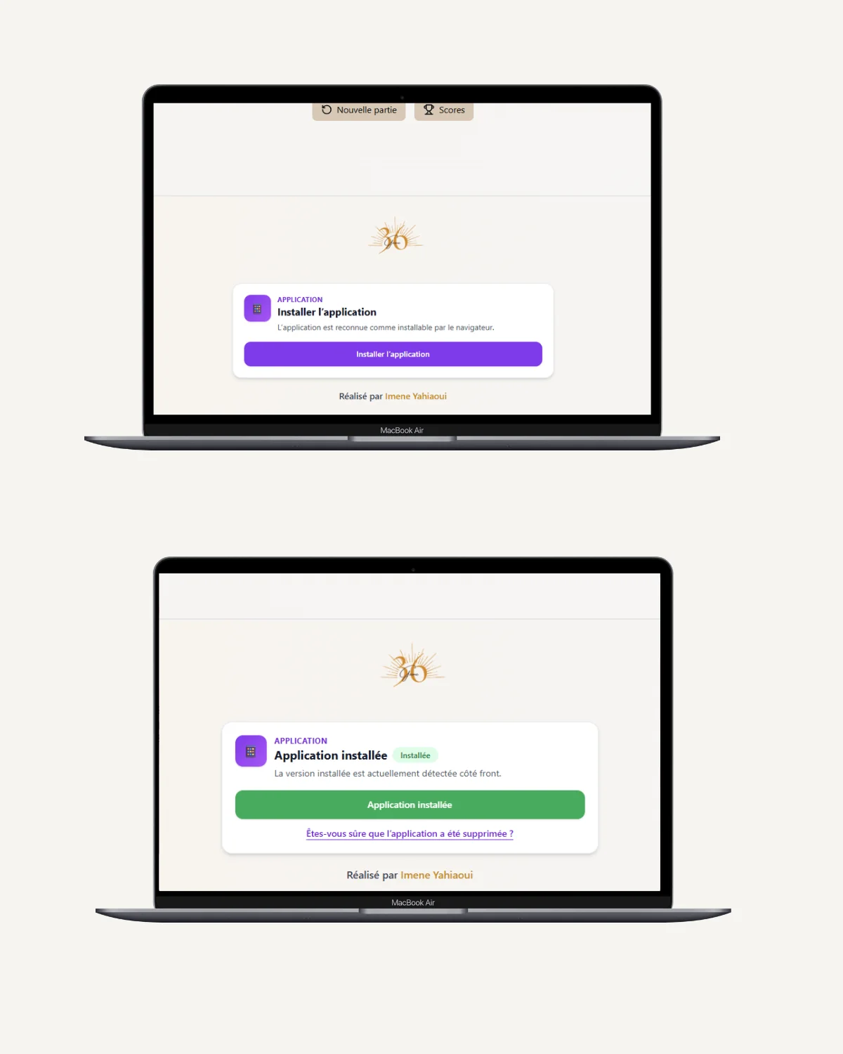 Interface du jeu React après intégration de la couche PWA sur pc