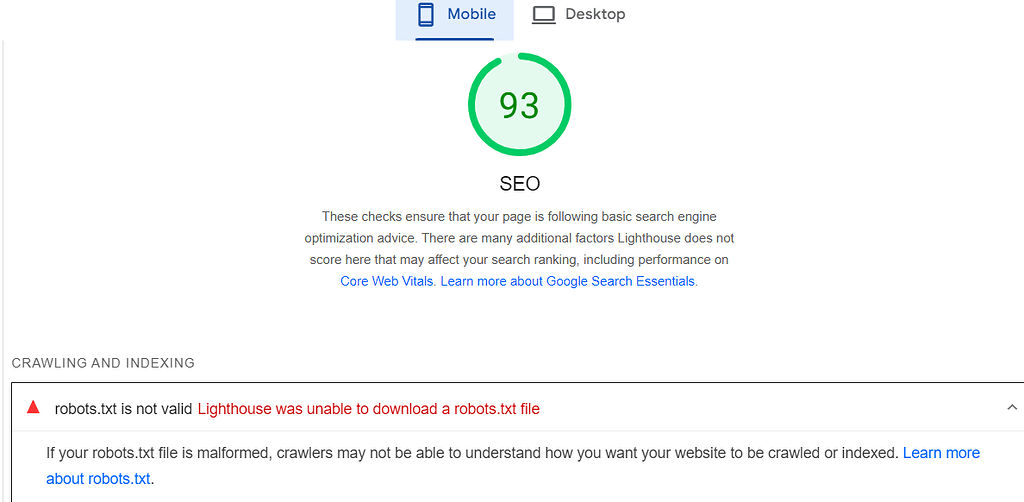 Capture d'écran d'une erreur robots.txt non valide